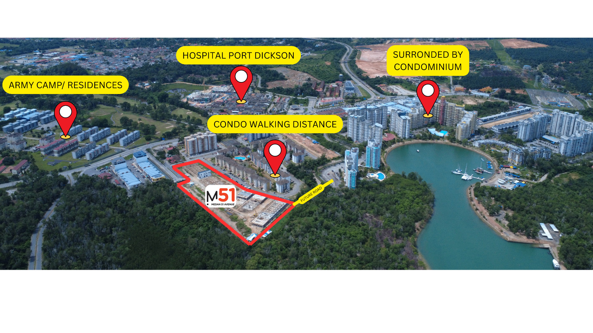 Aerial view of M51 Avenue site with surrounding landmarks: Hospital Port Dickson, condominiums, army camp residences, and future road connection