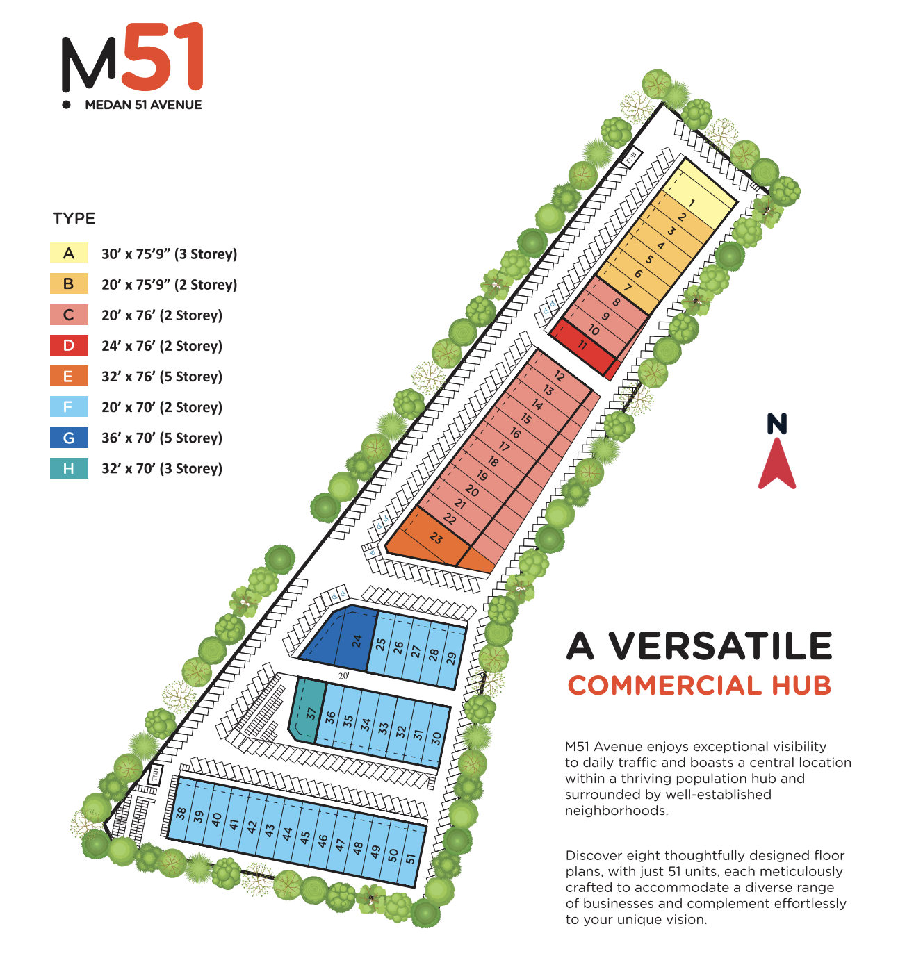 M51 Avenue site plan with unit types
